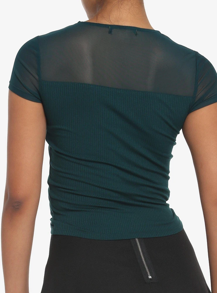 Teal Ruched Mesh Girls Top