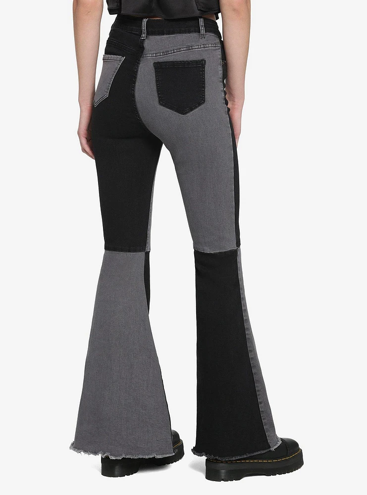 Black & Grey Patchwork Denim Flare Pants