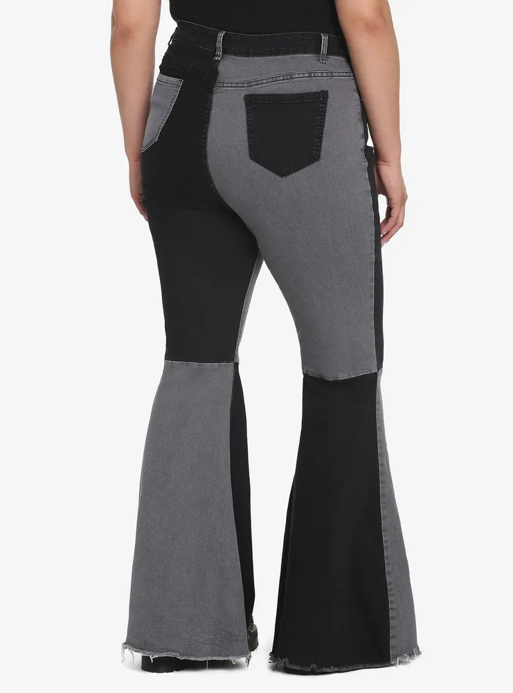 Black & Grey Patchwork Denim Flare Pants Plus