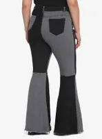 Black & Grey Patchwork Denim Flare Pants Plus Size