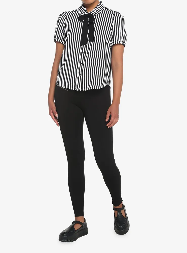 Black & White Pinstripe Bow Girls Woven Button-Up