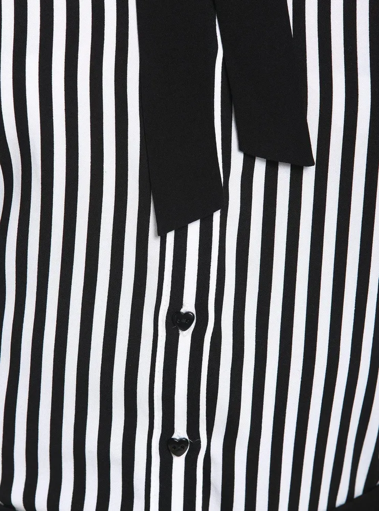 Black & White Pinstripe Bow Girls Woven Button-Up