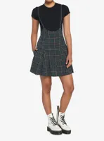 Green Plaid High-Waisted Suspender Skirt