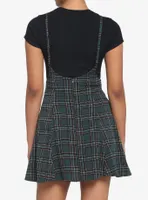 Green Plaid High-Waisted Suspender Skirt