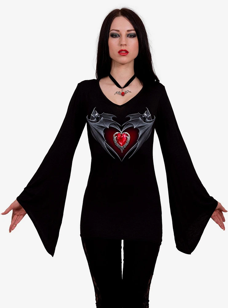 Bat's Heart V Neck Goth Long Sleeve Top Black