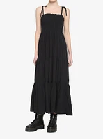 Black Smocked Tiered Midi Dress