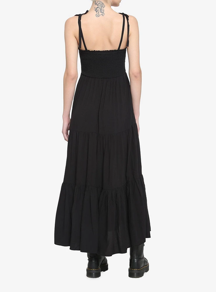 Black Smocked Tiered Midi Dress