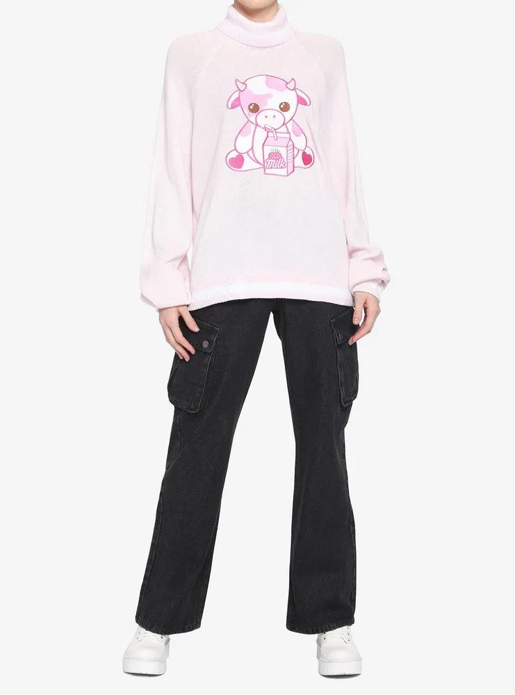 Strawberry Milk Cow Turtleneck Girls Sweater