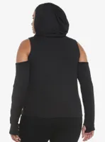 Black Cold-Shoulder Hooded Girls Top Plus