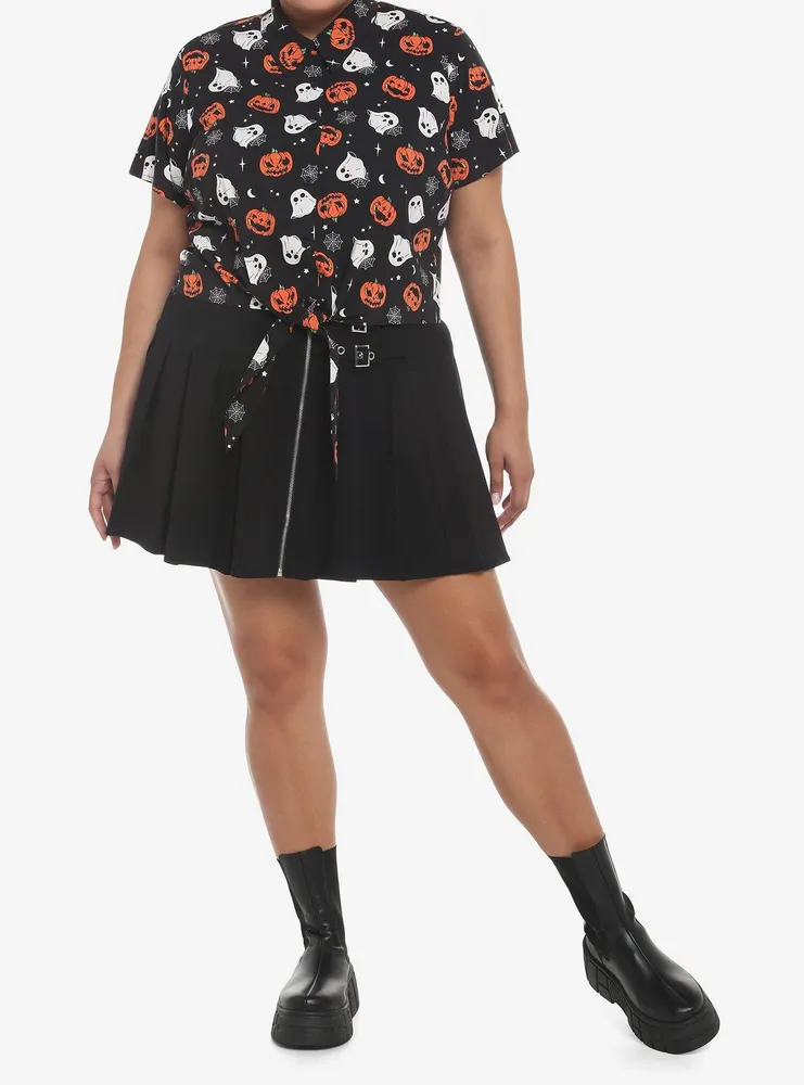 Ghosts & Jack-O'-Lanterns Tie-Front Girls Woven Button-Up Plus