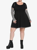 Black & White Contrast Stitch Skater Dress Plus Size With Arm Warmers