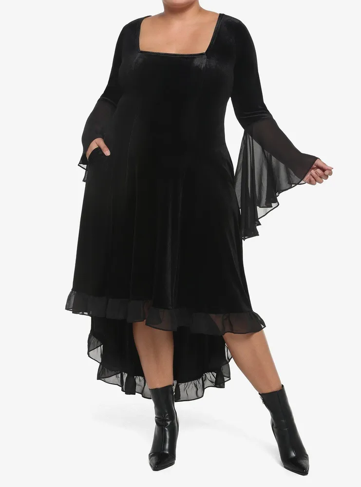 Black Velvet Bell-Sleeve Hi-Low Dress Plus