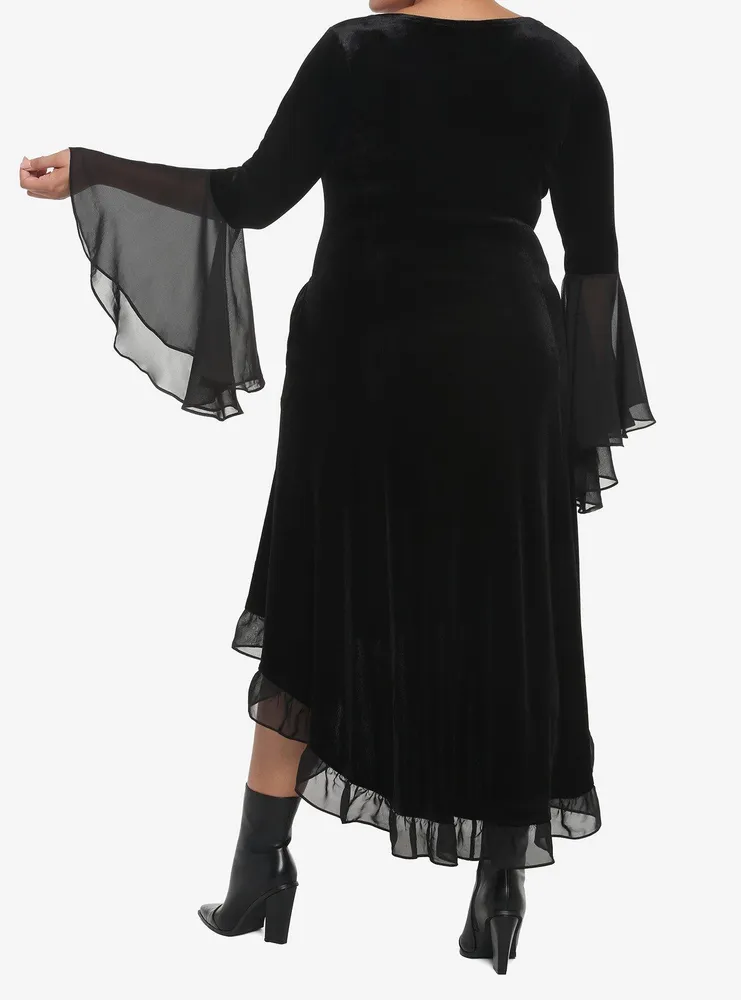 Black Velvet Bell-Sleeve Hi-Low Dress Plus