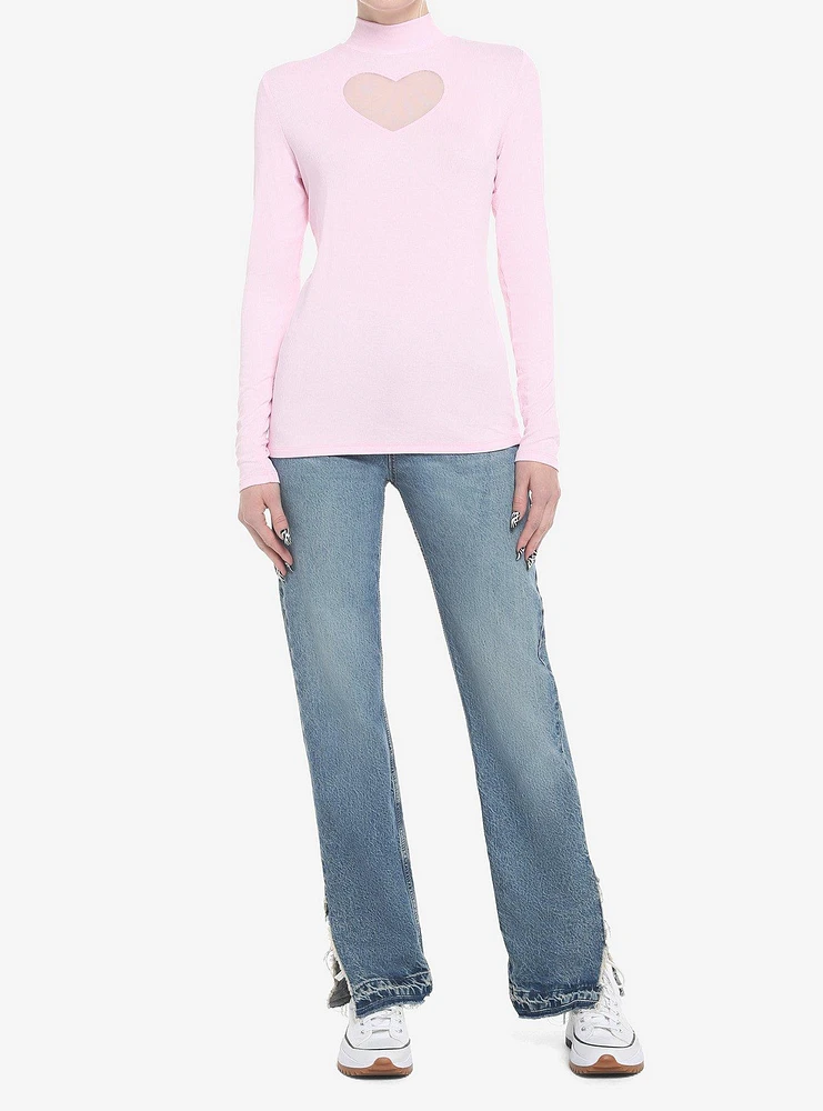 Pastel Pink Heart Cutout Mock Neck Girls Long-Sleeve Top