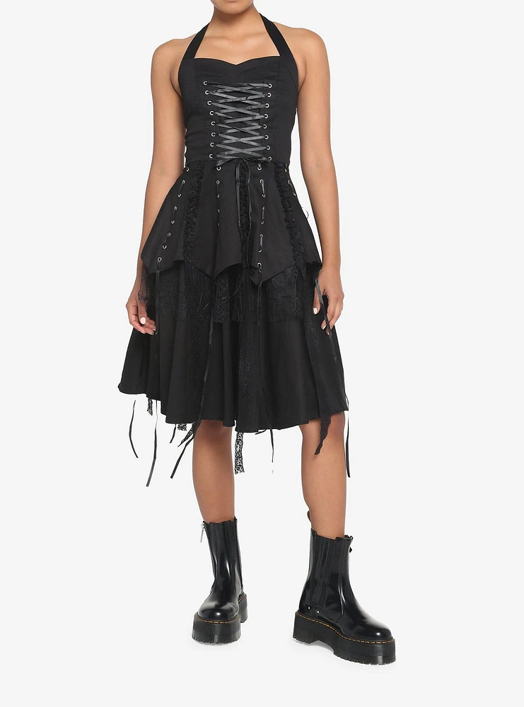 Black Gothic Tiered Halter Dress