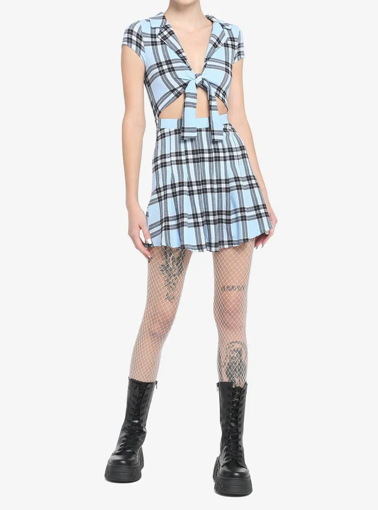 Light Blue Plaid Tie-Front Dress