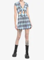 Light Blue Plaid Tie-Front Dress