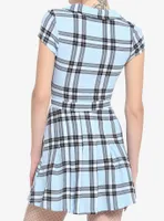 Light Blue Plaid Tie-Front Dress