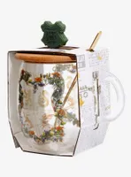 Harry Potter Floral Hogwarts Crest Glass Mug with Lid & Spoon Set