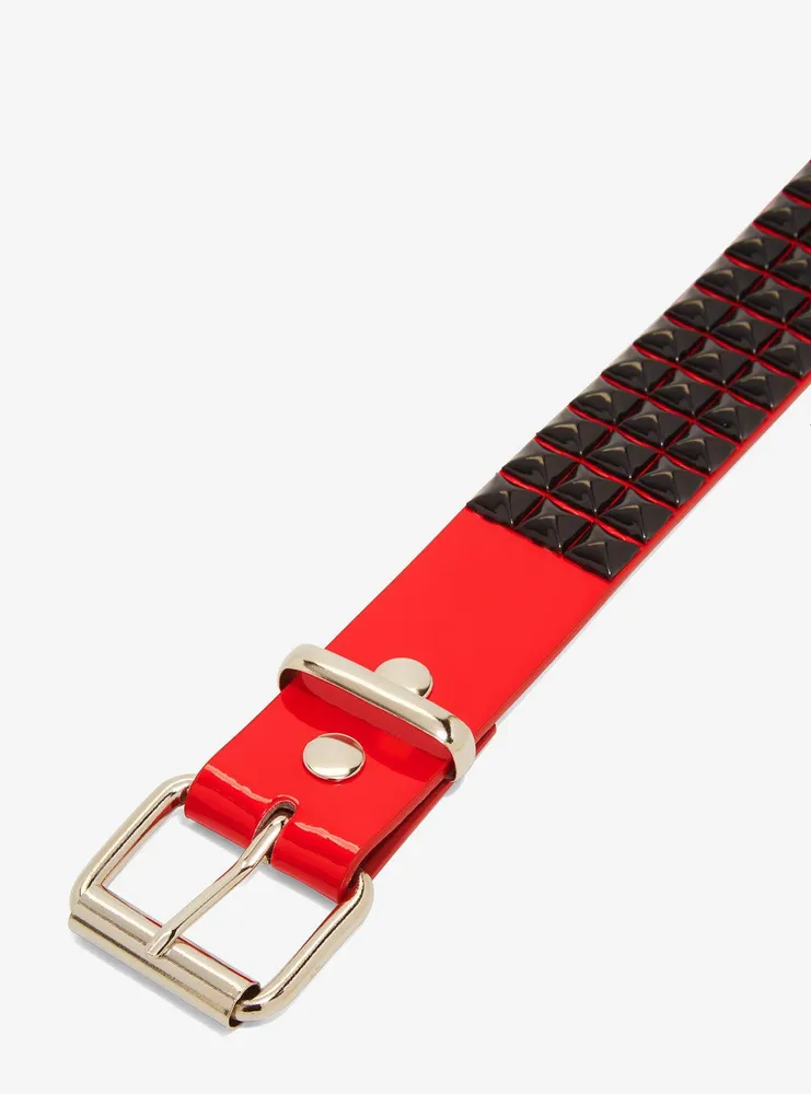Three Row Black Pyramid Stud Red Patent Belt