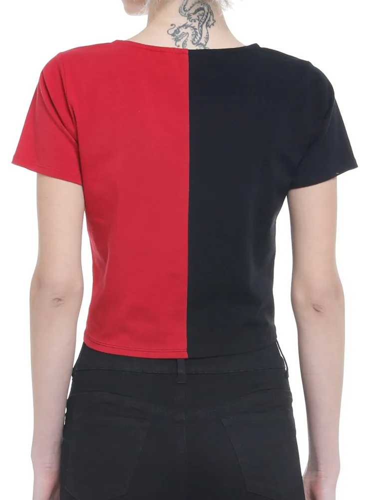 Red & Black Safety Pin Split Girls Crop T-Shirt