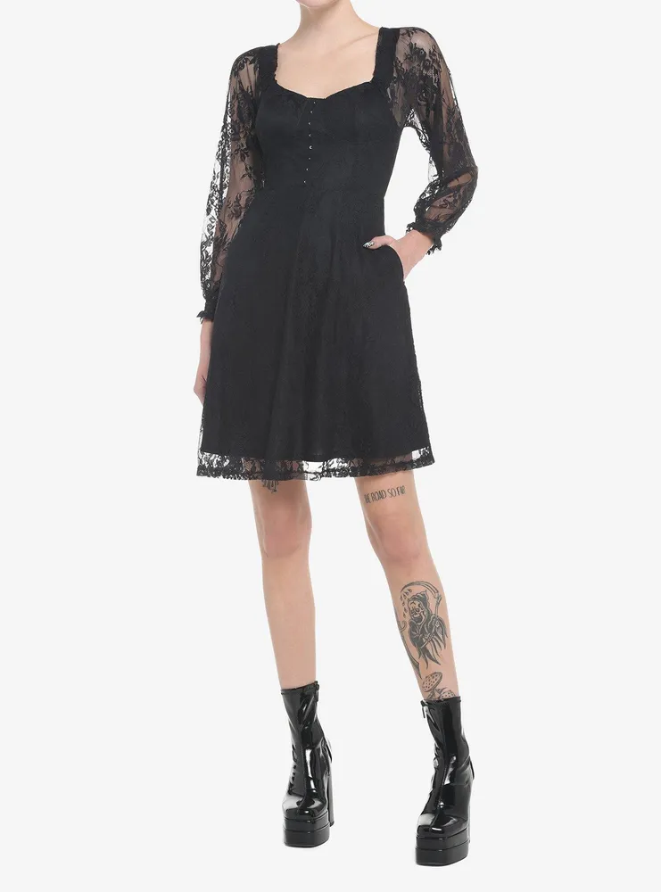 Black Rose Lace Romantic Corset Long-Sleeve Dress