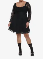 Black Rose Lace Romantic Corset Long-Sleeve Dress Plus