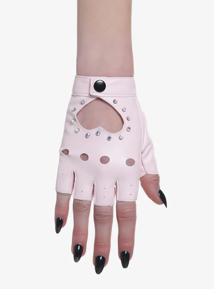 Pink Heart Cutout Moto Fingerless Gloves