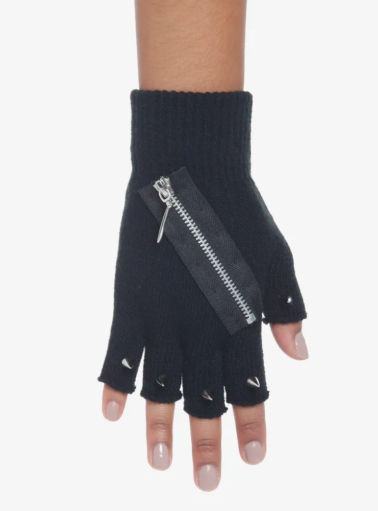 Black Zipper Fingerless Gloves