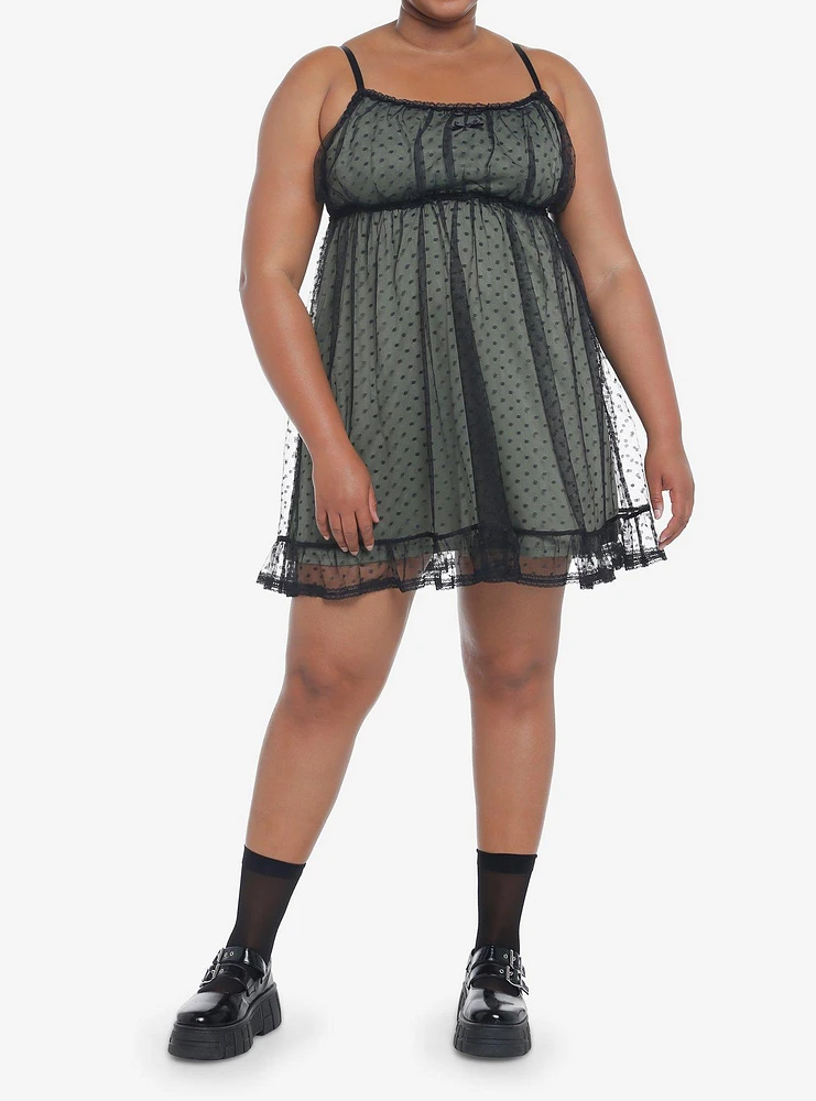 Sage Green Polka Dot Mesh Slip Dress Plus