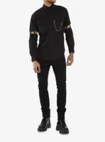 Black Grommet Cutout Straps Long-Sleeve Woven Button-Up