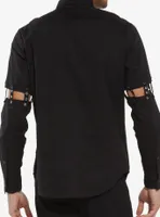 Black Grommet Cutout Straps Long-Sleeve Woven Button-Up