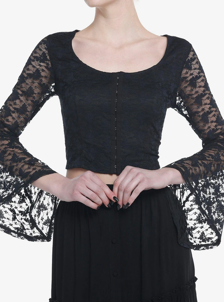 Cosmic Aura Black Butterfly Lace Girls Bell Sleeve Top