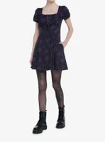 Cosmic Aura Black & Purple Rose Lace-Up Babydoll Dress