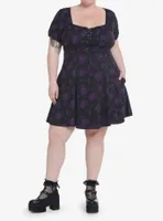 Cosmic Aura Black & Purple Rose Lace-Up Babydoll Dress Plus