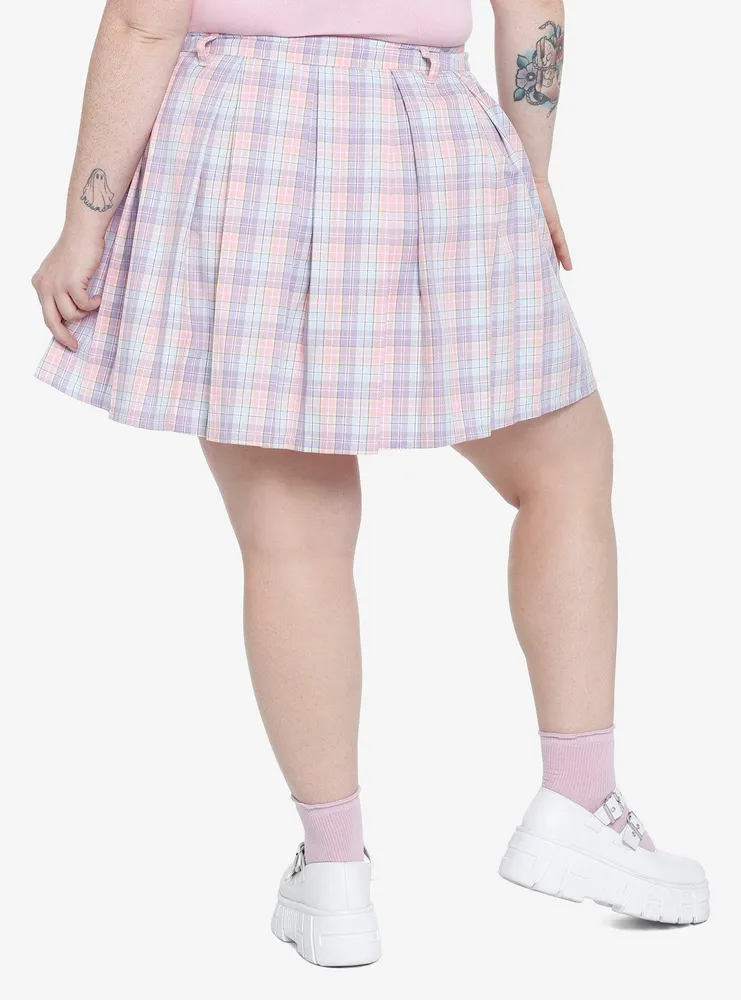 Pastel Plaid Pleated Mini Skirt With Chain Plus