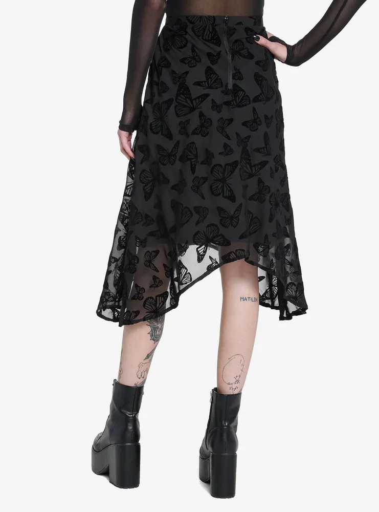 Black Butterfly Chiffon Hanky Hem Midi Skirt