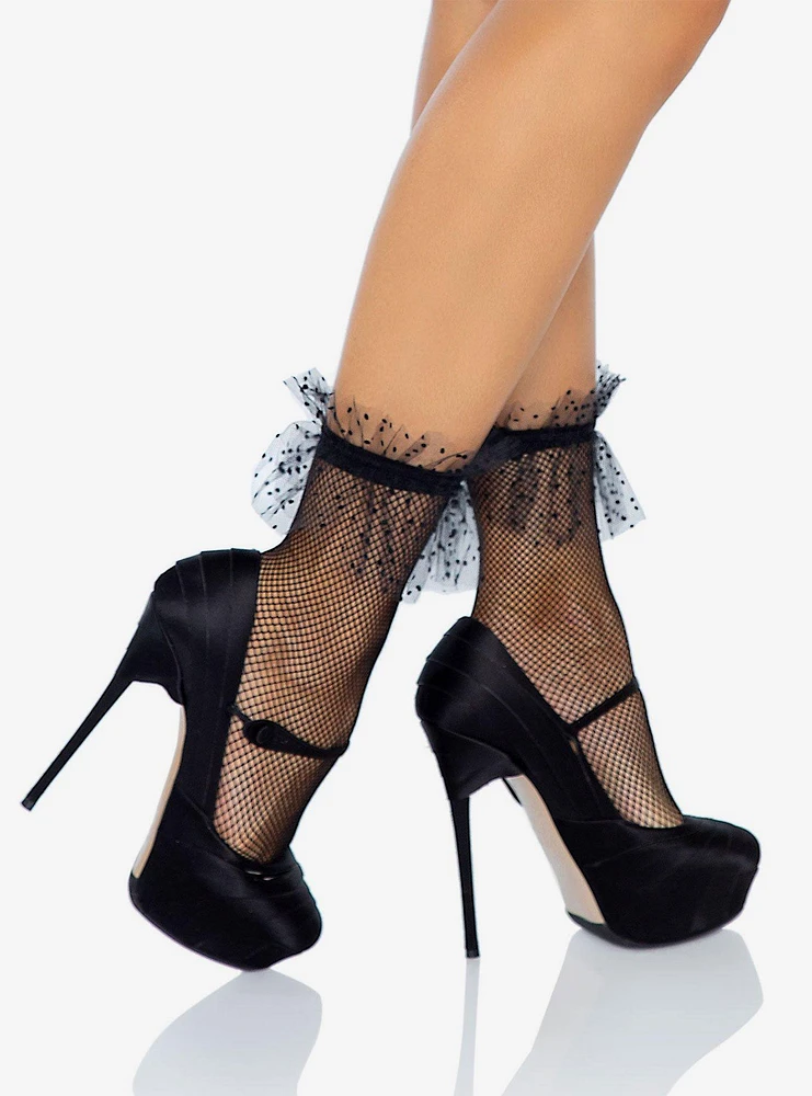 Micro Net Ankle Socks with Dotted Tulle Ruffle