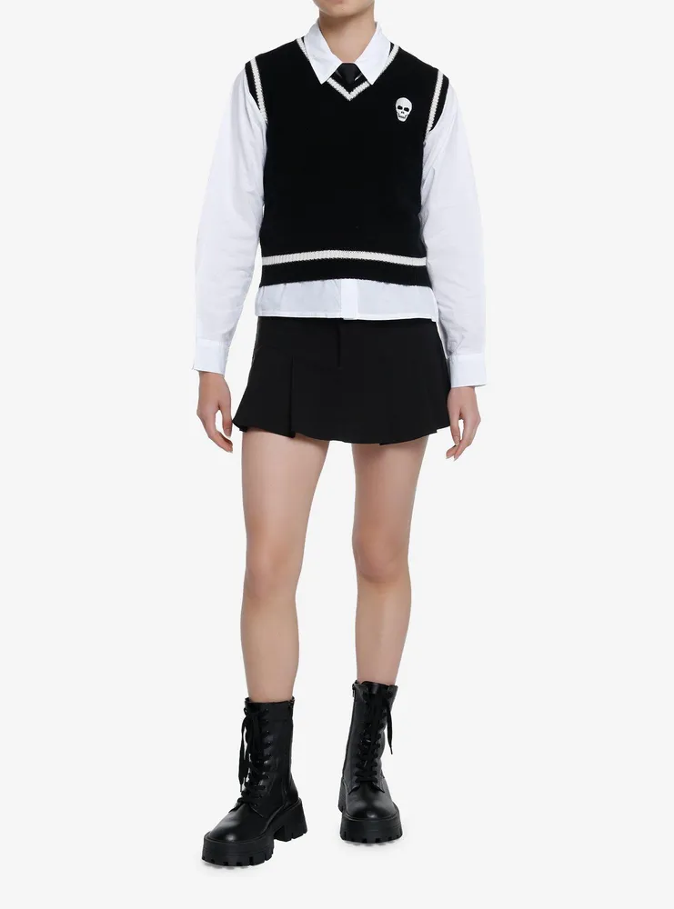 Thorn & Fable Skull Tie Twofer Girls Sweater Vest Shirt