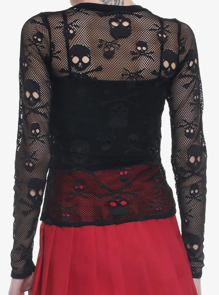 Skull & Crossbones Mesh Girls Long-Sleeve Top