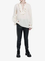 Social Collision Ivory Ruffled Lace-Up Long-Sleeve Woven Top