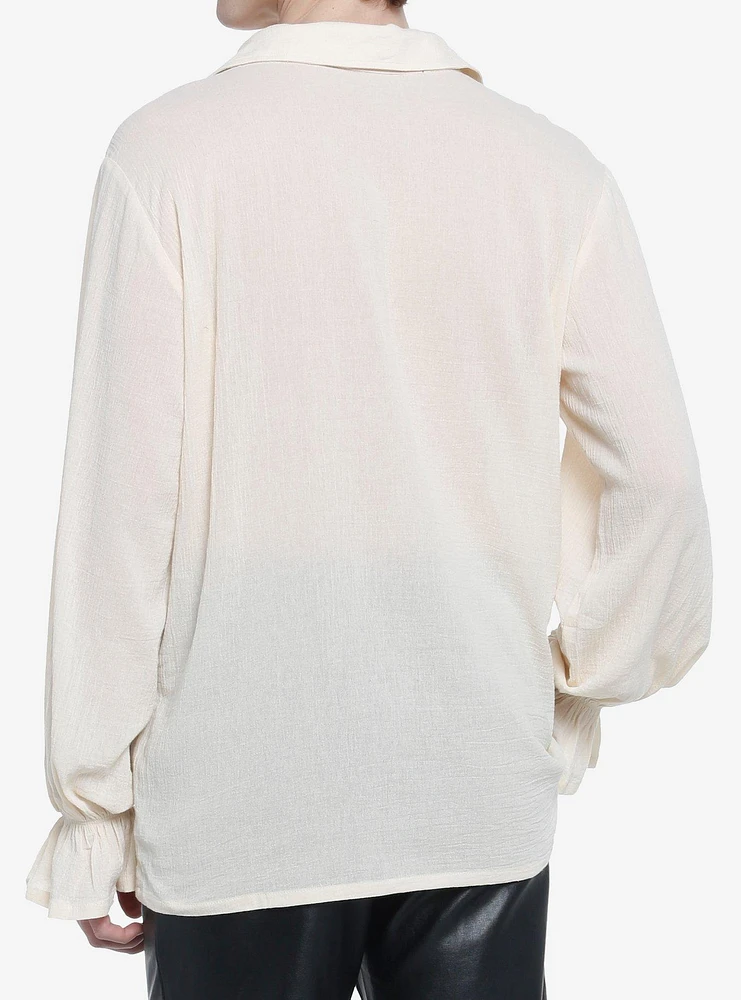 Social Collision Ivory Ruffled Lace-Up Long-Sleeve Woven Top