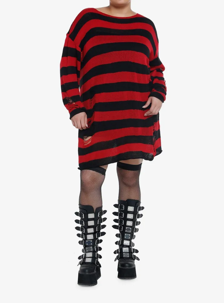 Social Collision Red & Black Distressed Sweater Dress Plus