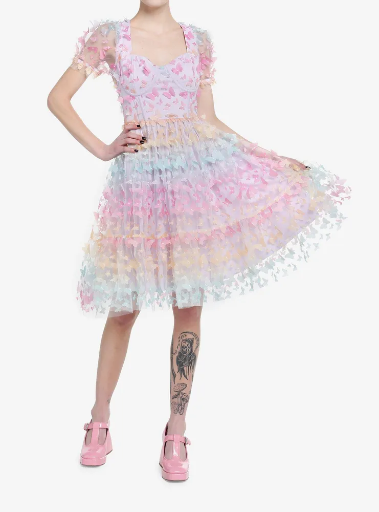 Sweet Society Pastel Butterfly Mesh Puff Sleeve Dress