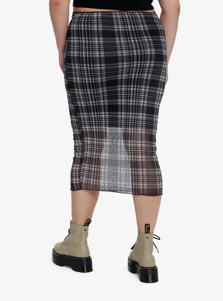 Social Collision Black Plaid Mesh Midi Skirt Plus