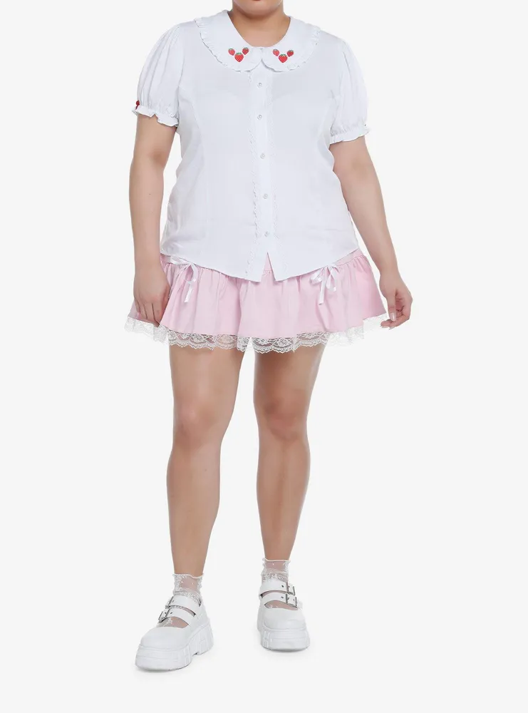 Strawberry Peter Pan Collar Girls Woven Button-Up Plus