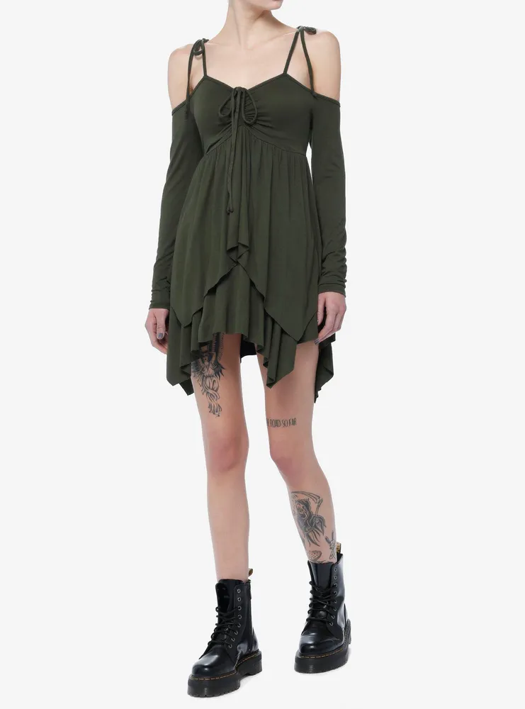 Thorn & Fable Green Hanky Hem Girls Cold Shoulder Dress