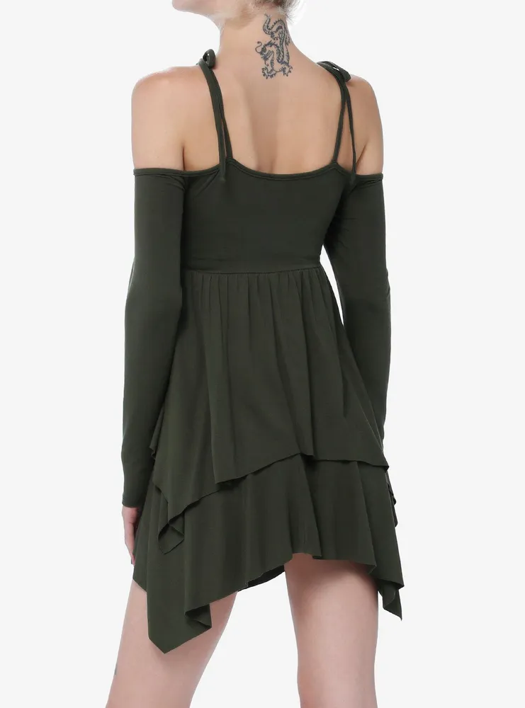 Thorn & Fable Green Hanky Hem Girls Cold Shoulder Dress