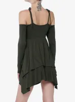 Thorn & Fable Green Hanky Hem Girls Cold Shoulder Dress