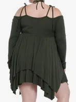 Thorn & Fable Green Hanky Hem Girls Cold Shoulder Dress Plus